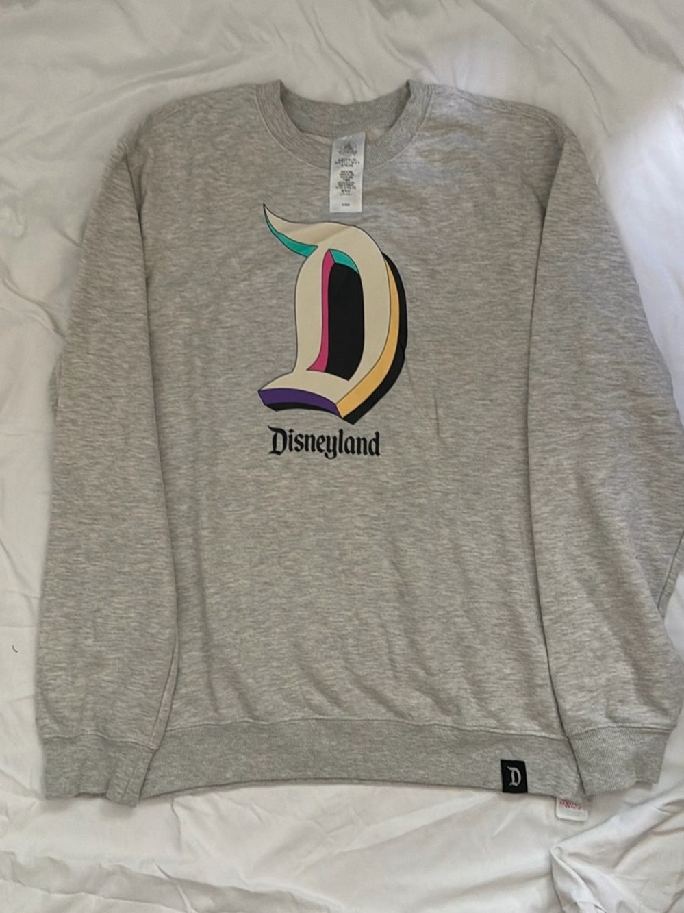 Disney Light Gray Crewneck Sweatshirt with Multicolor 'D' Logo